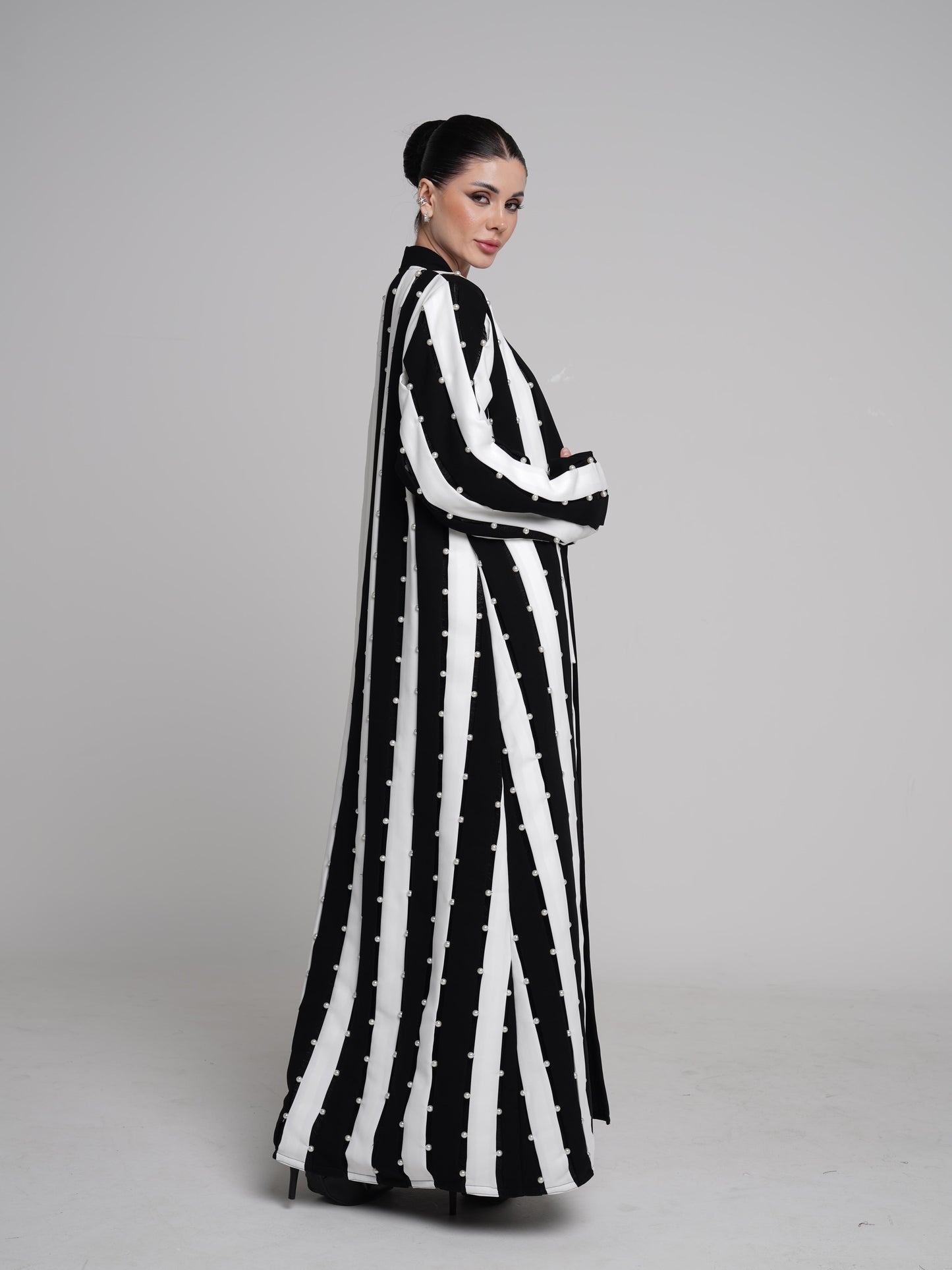White Lines with beads Abaya