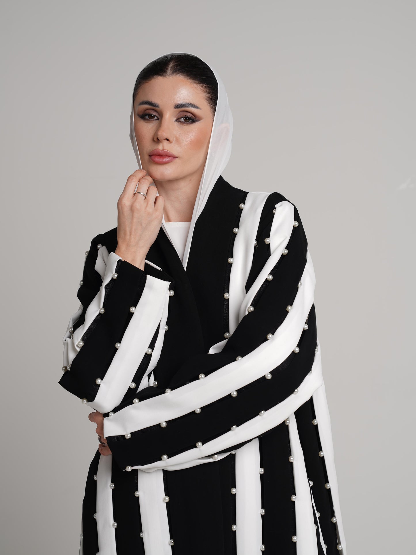 White Lines with beads Abaya