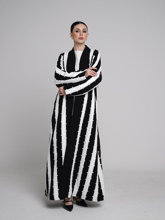White Lines with beads Abaya